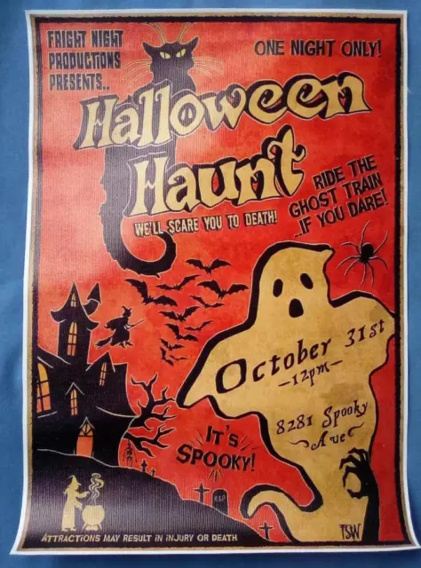 Fright Night Presents Halloween Haunt Canvas We'll Scare You To Death! Vtg Graph