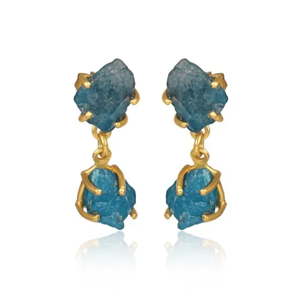 Two Rough Gemstone Dangle Earring Gold Plated Natural Raw Apatite Women Jewelry
