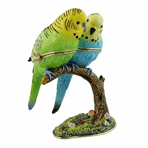 2 BUDGERIGAR Birds On Branch Budgies Trinket Box / Ornament - New Gift