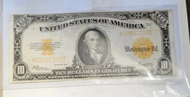 SC 1922 $10 Gold Certificate Hillegas Gold Coin Note Circulated *NICE VF/XF*