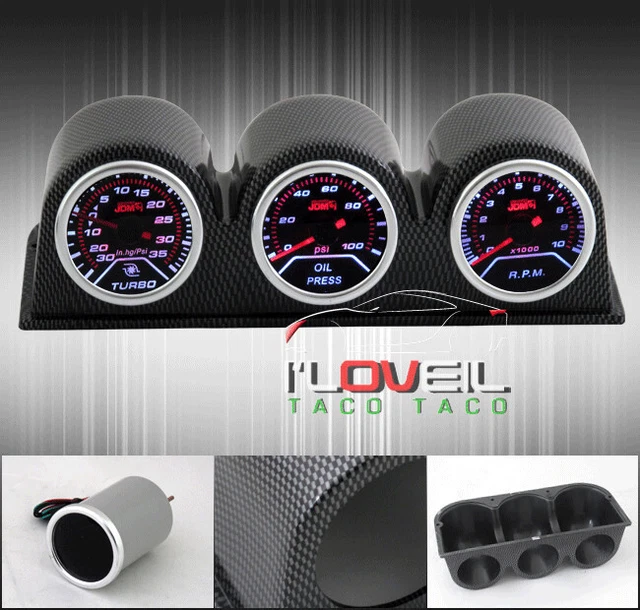 Turbo Boost + Oil Pressure + Tachometer Gauges + 52mm Carbon Fiber Pods Holder