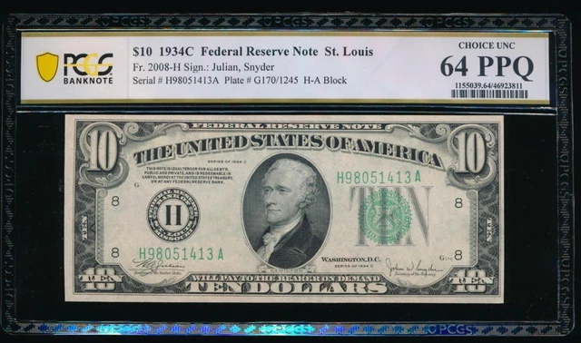AC 1934C $10 Saint Louis FRN PCGS 64 PPQ Fr 2008-H