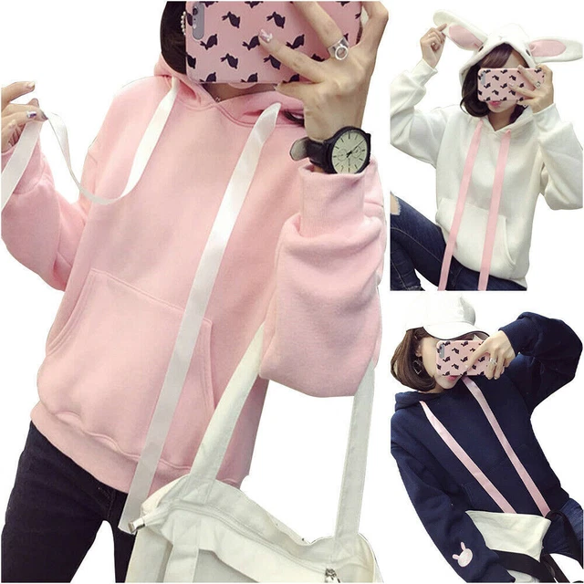 Women Kawaii Animal Ear Hoodie Hooded Sweatshirt Plain Bunny Pullover Jumper Top