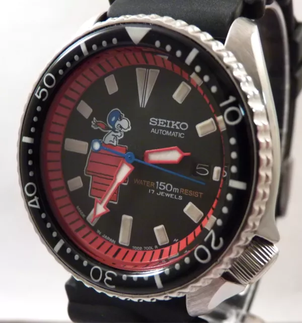 Seiko Ceramic Black Snoopy Red Baron Automatic Divers Date Watch Custom 7002 Mod