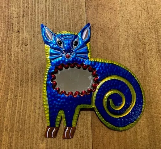 Painted Mexican Tin Cat Mirror - Blue