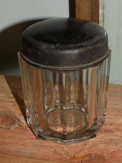 Vtg EarLY 1930's 8-PaneL Tobacco / SNUFF HUMiDOR JAR clear HEAVY gLass MeTaL LiD