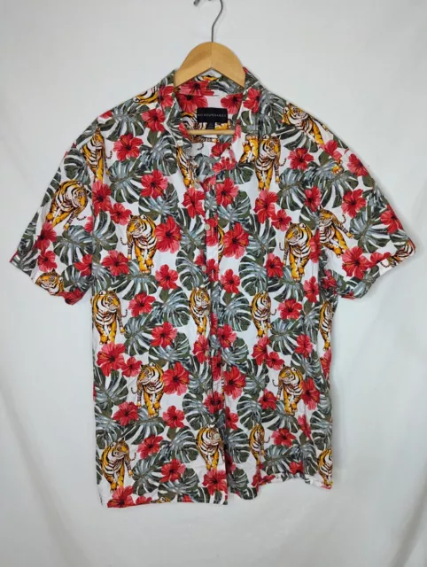 No Boundaries Mens White Red Green Tiger Cotton Aloha Island Hawaiian Shirt 3XL