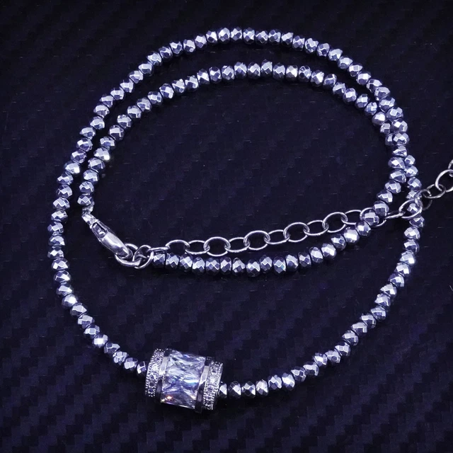 14+3”, vintage sterling silver 925 bead chain necklace with cz tube pendant