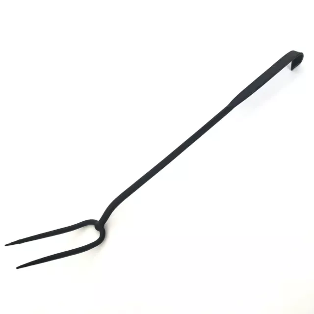 Antique Black Wrought Iron Butcher Fork with Rat Tail Hooked End
