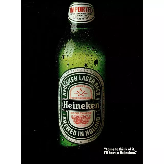 1982 Heineken Lager Beer Vintage Print Ad Holland Green Bottle Bar Wall Art