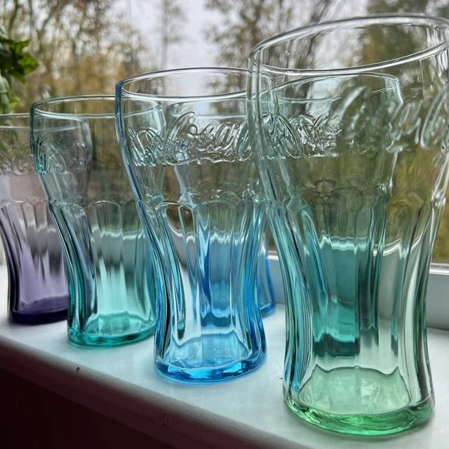 6 Vintage Libbey 16 Oz Flat Coca Cola Embossed Colored Glasses Teal Aqua Purple