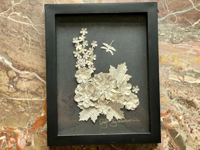 Floral and Dragonfly Design Newsprint Art in Shadowbox Frame by Gal Jacobson