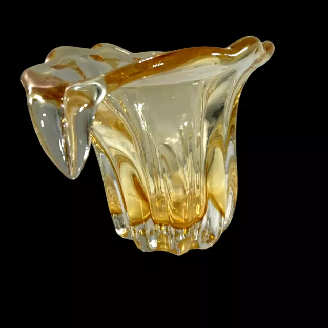 Vtg Hand Blown Art Glass Waterfall Pale Yellow Gold Thick Vase Heavy Teleflora 3