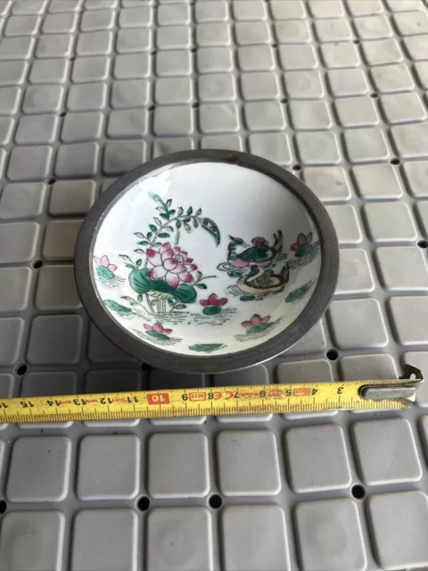 Vintage Japanese Porcelain Ware Pewter Bowl Hand Decorated Hong Kong 4"