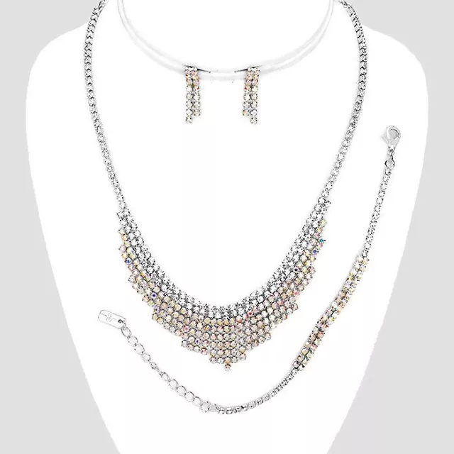 AB rainbow diamante necklace bracelet earring set sparkly prom party bridal 525a