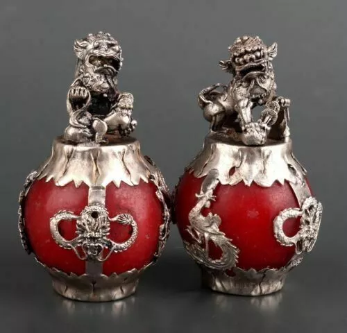 A pair Chinese old Tibet silver hand carved Armor Jade Dragon Lion Statue