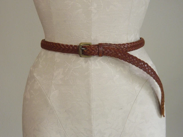 RALPH LAUREN vintage 70s narrow braided LEATHER BELT brass buckle S
