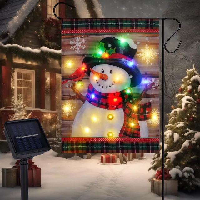12x18in Double Sided Christmas Snowman Flag with Solar LED Lights Garden Flag