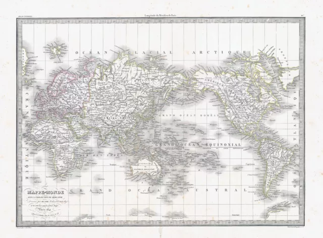 1841 MAPPE MONDE SUR LA PROJECTION DE MERCATOR World Map by Lapie (LP26)