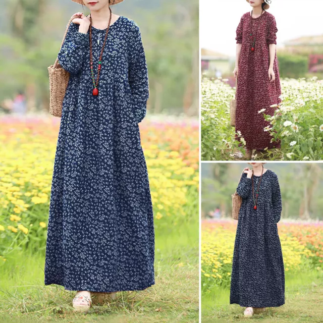 Plus Size Womens Retro Floral Long Sleeve Cotton Dress Kaftan Baggy Maxi Dresses