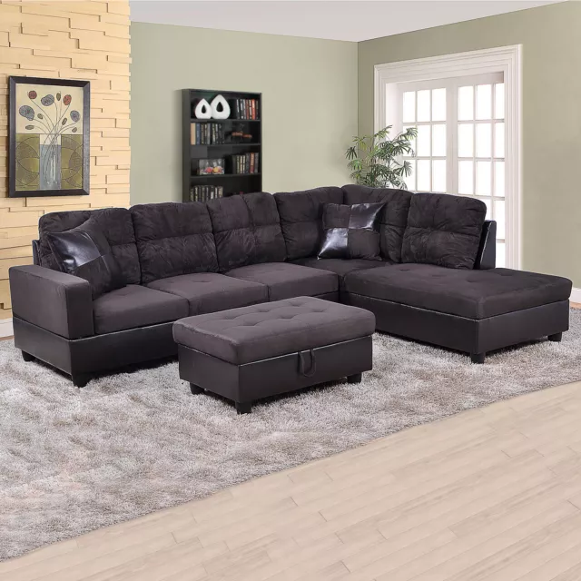 L-shape Flannel And PVC 3-Piece Couch Living Room Sofa Set with Ottoman