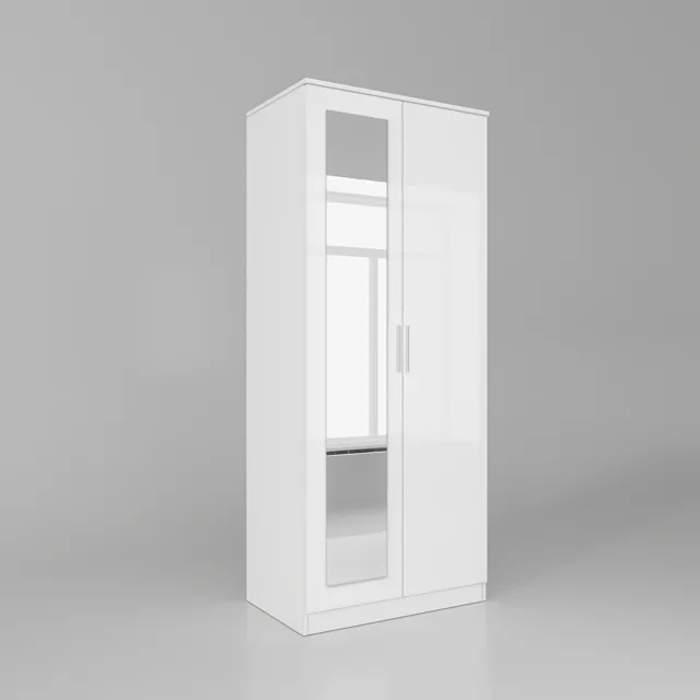 2 Door High Gloss Wardrobe Storage Hanging Rail with Mirror Bedroom Furniture