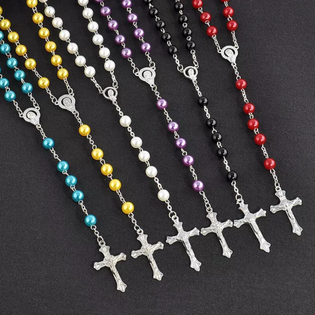 Mode Handgemacht Rund Glas Perlen Katolisch Rosenkranz Qualität Kreuz Kette ♧ p