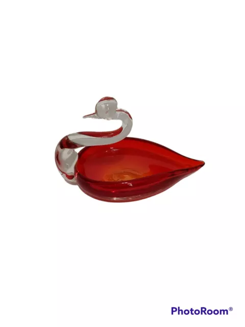 Ruby Red and Clear Glass Swan Dish Candy Trinket Decor Gift 7.5 inches
