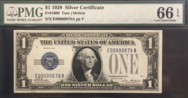 $1 1928 Silver Cert #E00000678A Fr#1600  PMG 66 GEM! EPQ - GREAT LADDER Serial #