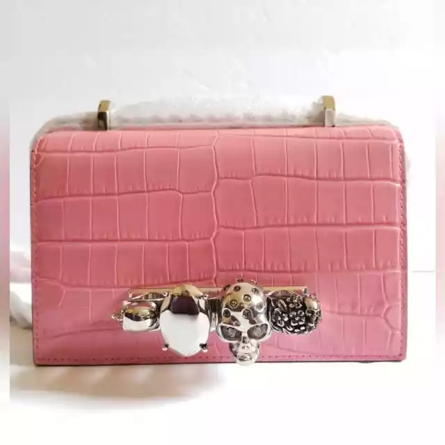 Alexander McQueen Jeweled Four Ring Croc-Embossed Leather Crossbody Bag Pink Alexander McQueen Jeweled Four Ring Croc-Embossed Leather Crossbody Bag Pink