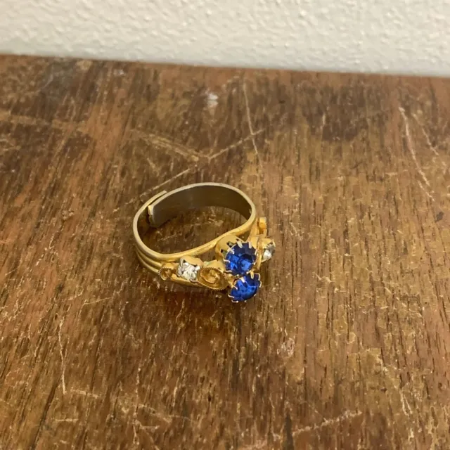 Vintage Gold tone Clear Blue Crystal Sapphire Rhinestone Ring Adjustable