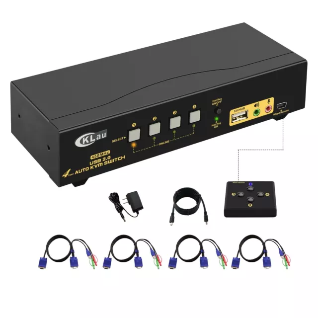 CKLau 4 Port 450MHz USB Auto VGA KVM Switch with Audio and Cables