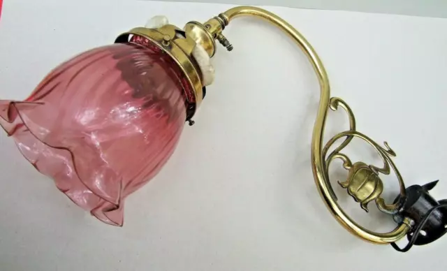 Art Nouveau Antique Gas Wall Light Sconce Lamp/Brass & Ruby Glass Shade Restored