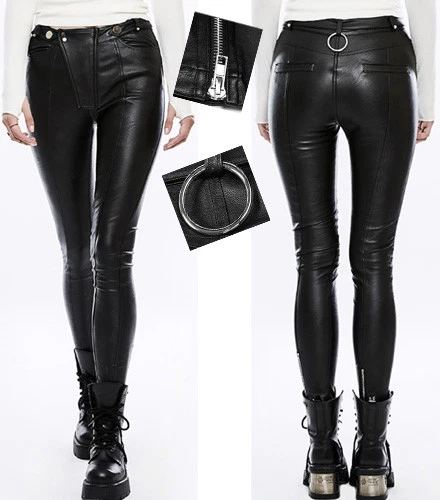Pantalon slim cuir gothique punk lolita biker anneau métal zippé mode Punkrave