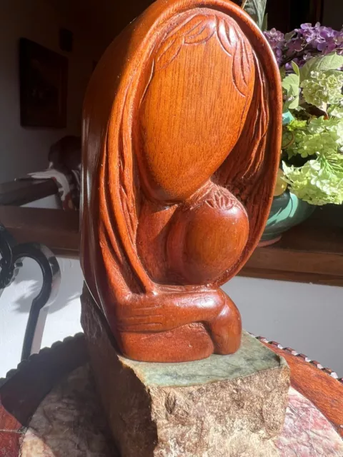 Antique hand carved  wood madonna child sculpture on stone base