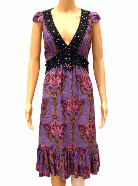 PLENTY Tracy Reese Silk Purple Print Sleeveless Beading Ruffle Women’s Dress 6