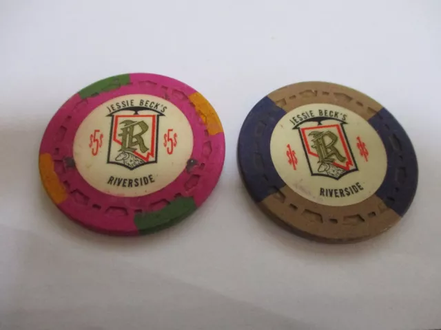 Lot Of 2 Riverside Jessie Beck's  Casino Chips.  Reno 5.00 And 1.00 Obsolete. 2