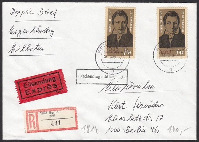 DDR Nr. 1814 MeF (aus Block 37) auf Express R-Brief Berlin 1989