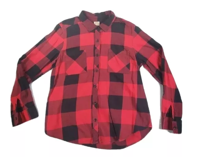 Faded Glory Girls Red & Black Plaid Long Sleeve Flannel Button Up Sz L (12/14)