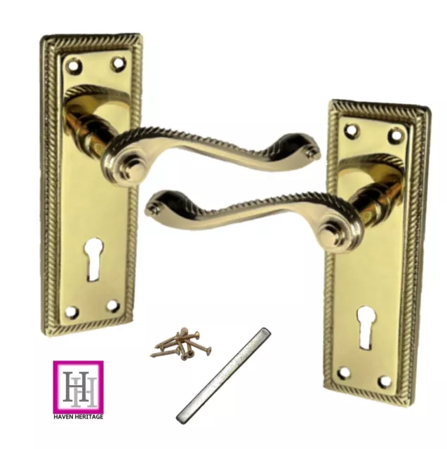 Door Handles Classic Brass Georgian Rope Edge Scroll Lever Mortice Latch Lock