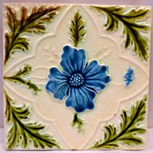 Antique English Tile Majolica Flower Motif Design Ceramic Architecture Rare "147