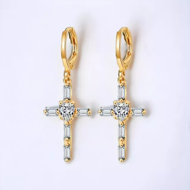 Kreuz Ohrringe christlich Ohrhänger 585 Gold 14K plattiert mit Zirkonia 36mm