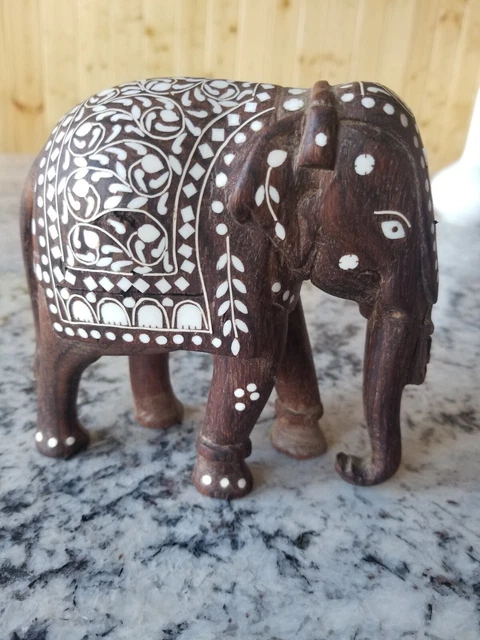 Beautiful Antique Vintage Hand Carved Inlaid  Wooden Elephant