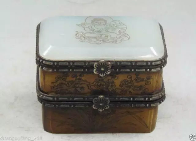 Vintage Handmade Old Bone Jade Carving Buddha & Bird Double Jewelry Box a198