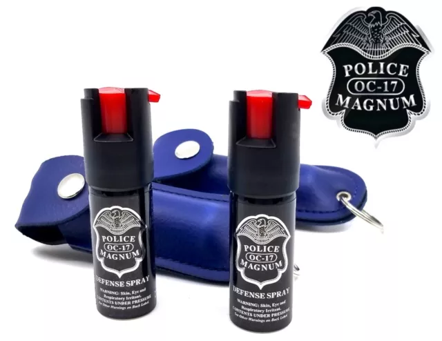 2 PACK Police Magnum pepper spray 1/2oz Blue Keychain Holster Defense Security