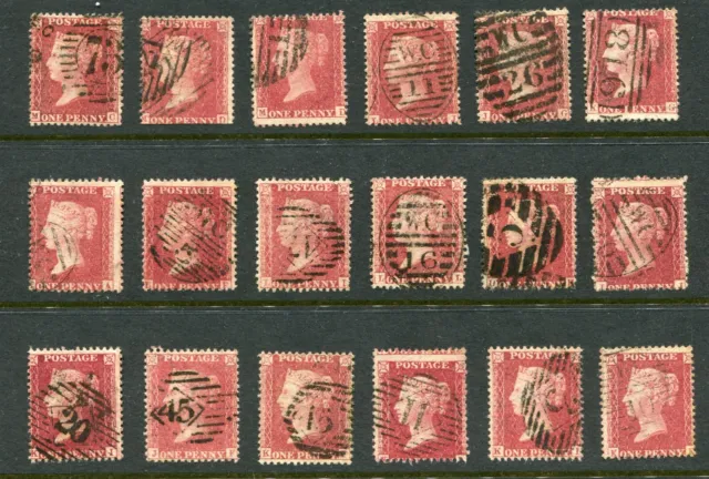 GB 1848-58 Queen Victoria 18x 1d Penny Red stars - perforated Used (ER035)