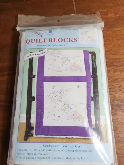 Jack Dempsey Sunbonnet Garden Girl Stamped Embroidery Quilt Blocks 18"