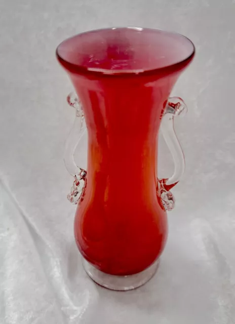 Vintage 5" Red w/White Interior Murano Glass Small Vase w/Clear Handles