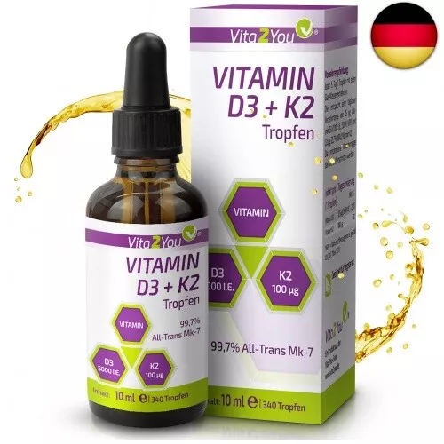 Vita2You Vitamin D3 + K2 Tropfen - Vitamin D3 5000 IE - Vitamin K2 100µg pro