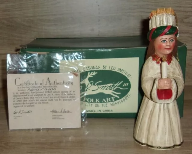 LEO SMITH FOLK ART St. Lucia Angel of Light Candles Ornament w/COA 3614/4000